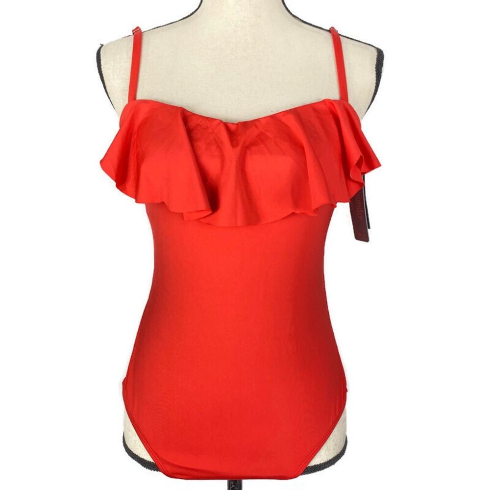 Laundry Ruffle Swimsuit by Shelli Segal Fire Coral One Piece Womens Medium NEW